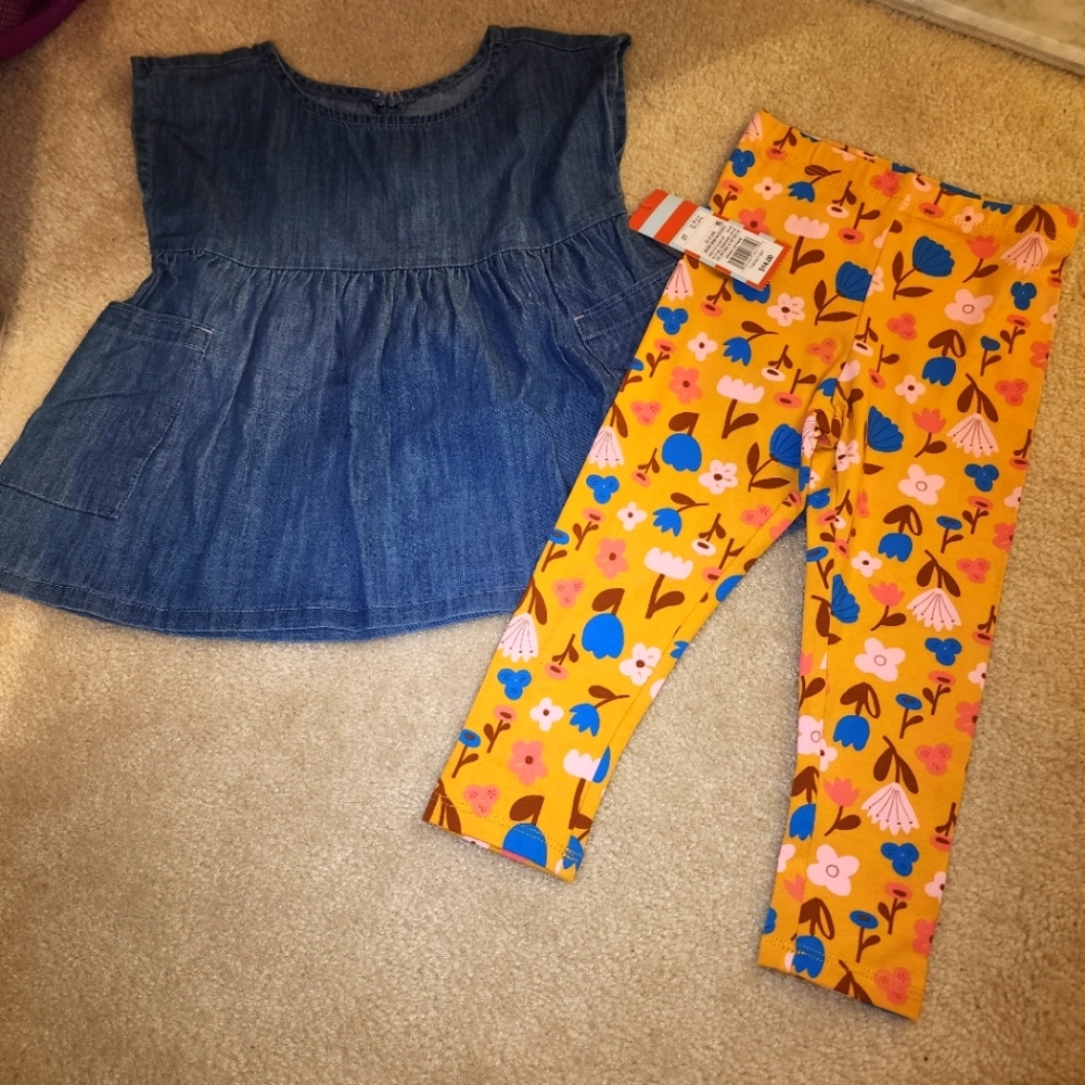 Nwt Cat & Jack 2T denim tunic top & yellow floral leggings